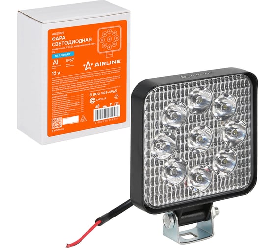 Светодиодная фара Airline квадратная, 9 LED направленный свет, 9W (83x83x22) 12V ALED027