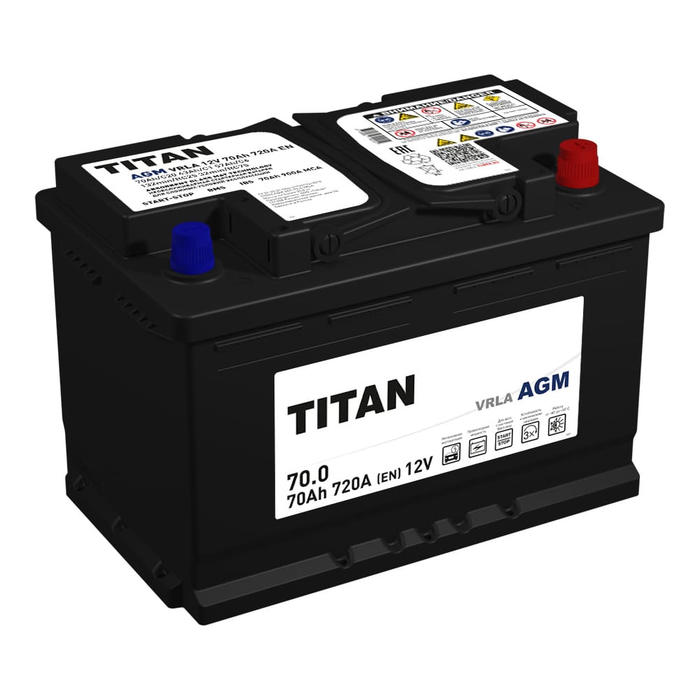 Аккумулятор TITAN AGM 70.0 VRLA, обратная полярность, 720А, 278x175x190  4610082702110 - выгодная цена, отзывы, характеристики, фото - купить в  Москве и РФ