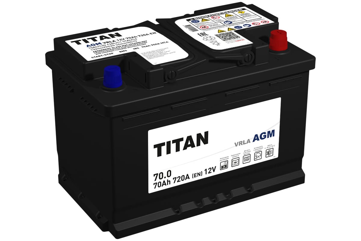 Аккумулятор TITAN AGM 70.0 VRLA, обратная полярность, 720А, 278x175x190  4610082702110 - выгодная цена, отзывы, характеристики, фото - купить в  Москве и РФ