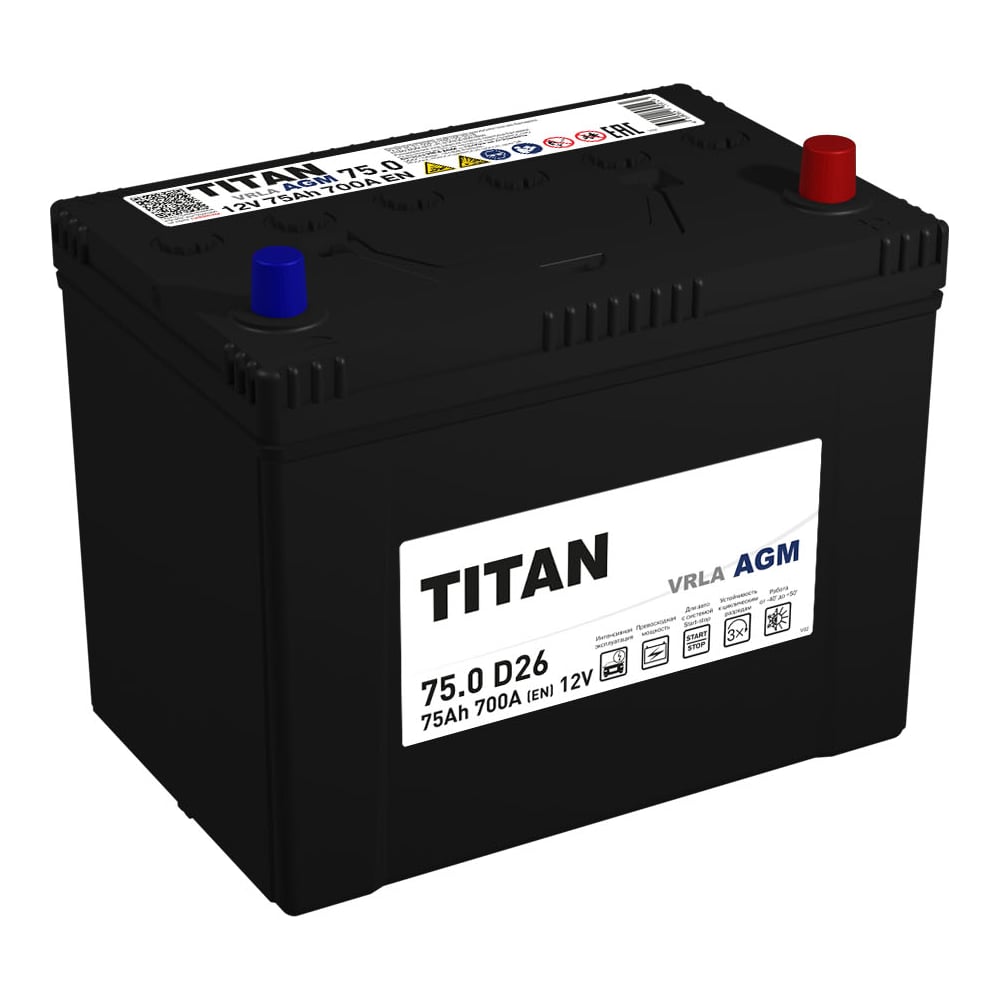 Аккумулятор TITAN AGM 75.0 VRLA D26 B00 обратная полярность, 700А,  258x171x222 4610082702127 - выгодная цена, отзывы, характеристики, фото -  купить в Москве и РФ