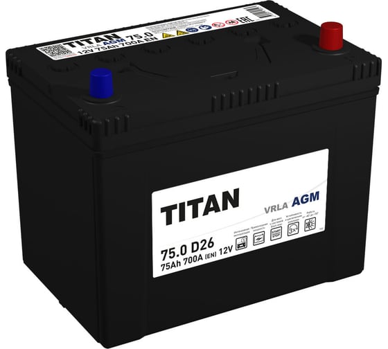 Аккумулятор TITAN AGM 75.0 VRLA D26 B00 обратная полярность, 700А, 258x171x222 4610082702127 - выгодная цена, отзывы, характеристики, фото - купить в Москве и РФ