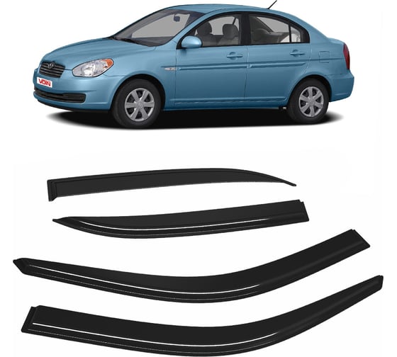 Дефлекторы окон для автомобиля VOIN Hyundai Accent II 2000-2011, седан, накладные, 4 шт. DEF00768 1