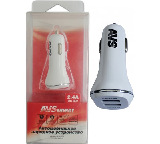 USB автомобильное зарядное устройство AVS 2 порта UC-322 2,4 А A78020S 1