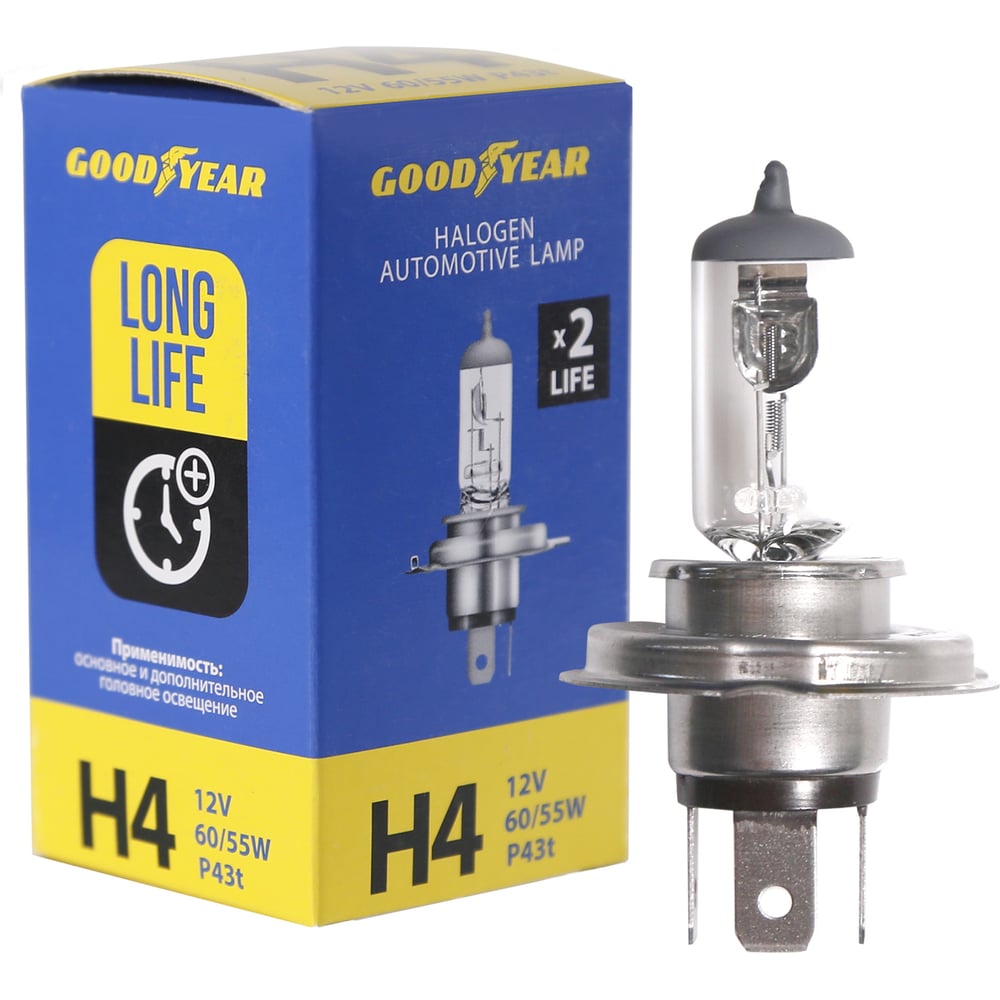 Автомобильная галогенная лампа Goodyear Н4 12V 60/55W P43t Long Life ...