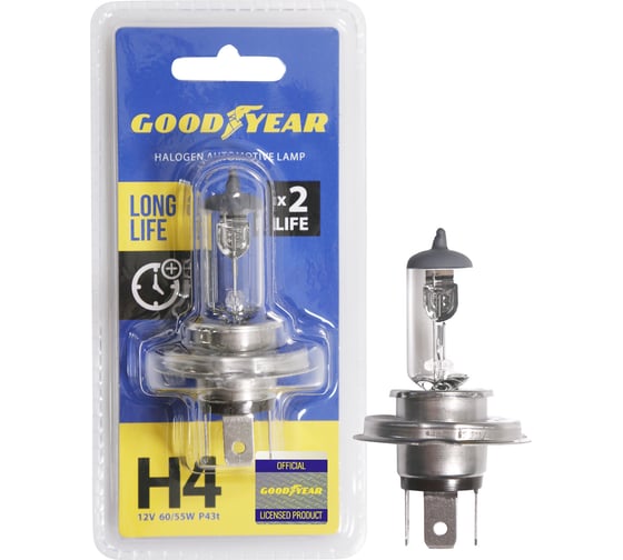 Автомобильная галогенная лампа Goodyear Н4 12V 60/55W P43t Long Life блистер GY014123 1