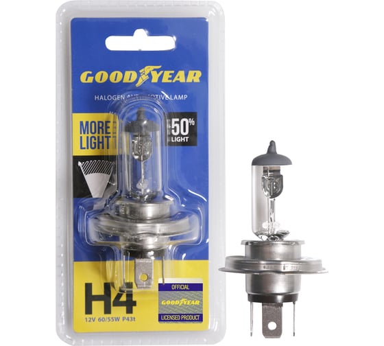 Автомобильная галогенная лампа Goodyear Н4 12V 60/55W P43t More Light блистер GY014125