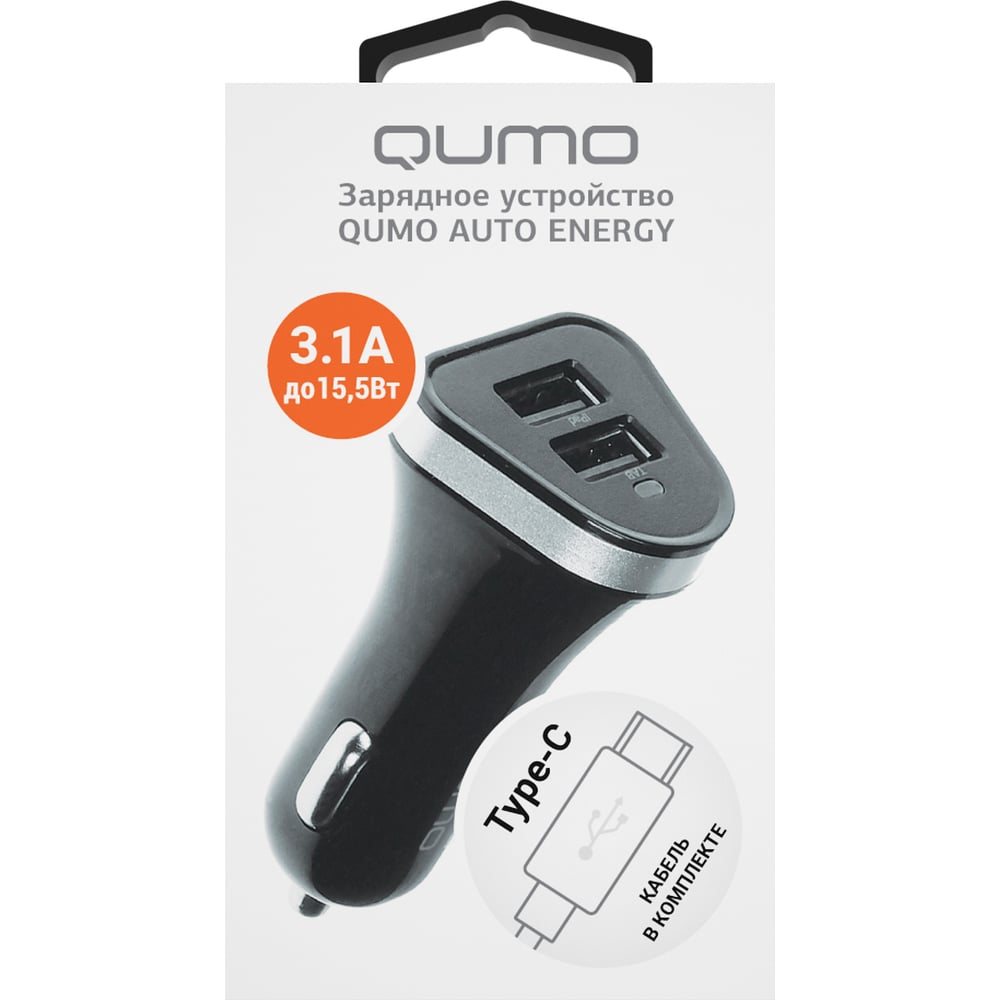 Автомобильное зарядное устройство QUMO 3A, 2 USB, 1A+2A, черный, кабель ...