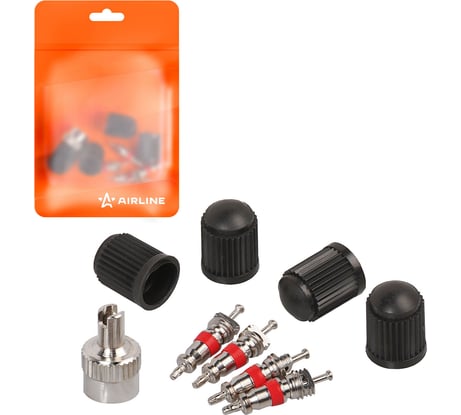 Ремкомплект для вентилей Airline (4 золотника, 4 пласт.колп, 1 ключ) в пакете ATRS010