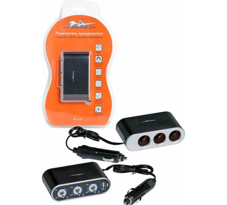 Прикуриватель-разветвитель 3 гнезда 5А + USB 1A, с выключателями нагрузки Airline ASP-3S-15