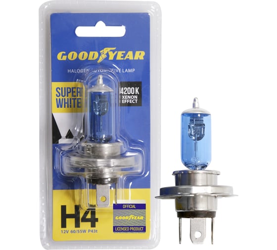 Автомобильная галогенная лампа Goodyear Н4 12V 60/55W P43t Super White блистер GY014127 1