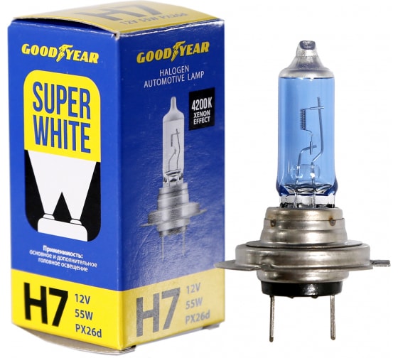 Автомобильная галогенная лампа Goodyear Н7 12V 55W PX26d Super White блистер GY017127 0