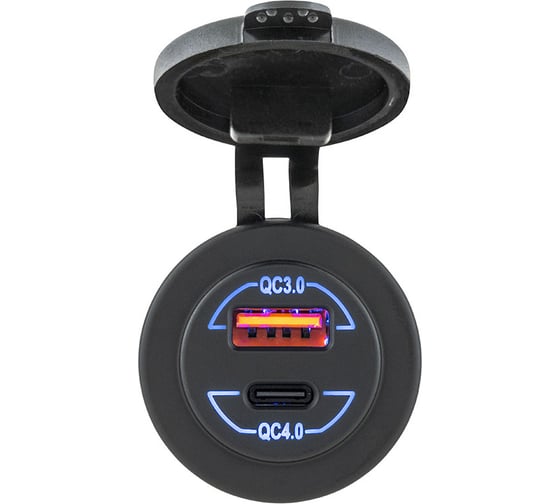 Розетка РИФ USB QC 3.0, QC 4.0, синяя подсветка RIF22-4-41470