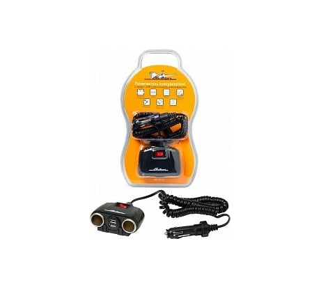 Прикуриватель-разветвитель Airline 2 гнезда + 2USB с витым шнуром, штекер-фиксатор ASP-2U-11