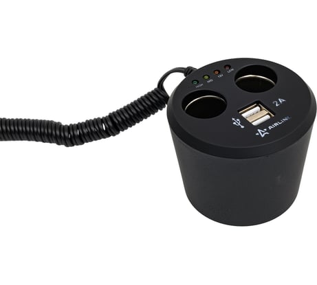 Прикуриватель-разветвитель Airline 2 гнезда + 2USB в подстаканник с индикатором зарядки АКБ обрезиненый ASP-2U-12