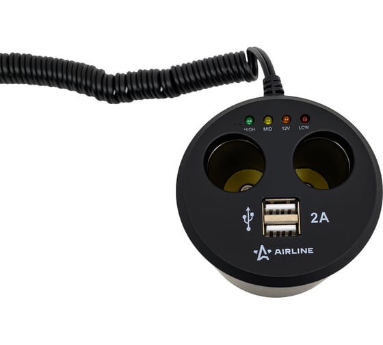 Прикуриватель-разветвитель Airline 2 гнезда + 2USB в подстаканник с индикатором зарядки АКБ обрезиненый ASP-2U-12