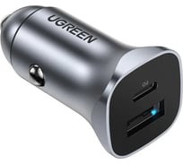 Автомобильное зарядное устройство UGREEN CD130 USB-C PD+USB-A QC 24W Fast Car Charger, серый космос 30780_