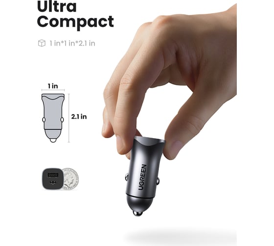 Автомобильное зарядное устройство UGREEN CD130 USB-C PD+USB-A QC 24W Fast Car Charger, серый космос 30780_