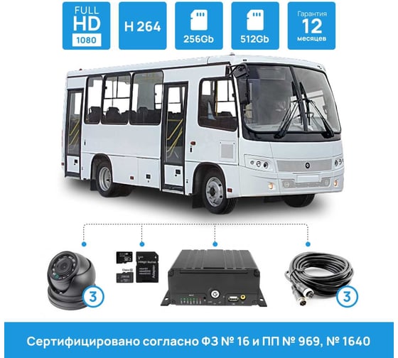 Система видеонаблюдения INTEGO для автобуса (типа ПАЗ, 2 двери), установка камер на водителя и две камеры в салон (на каждую дверь, сертификат под ПП 969 Intego Bus