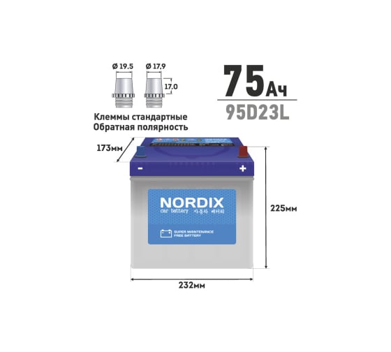 Аккумулятор Nordix 75 Ah, 650 А, L-обратная, 232х175х225 мм, необслуживаемый 55784