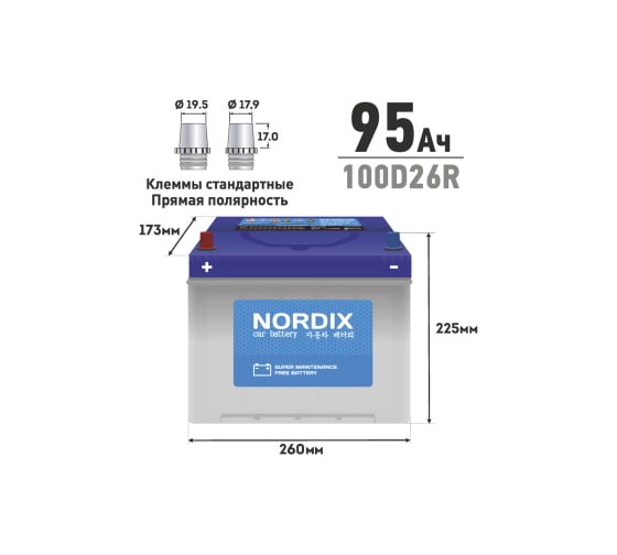 Аккумулятор Nordix 95 Ah, 730 А, R-прямая, 260х175х225 мм, необслуживаемый 55792