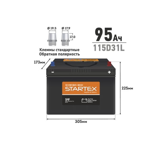 Аккумулятор Startex 95 Ah, L-обратная, 750 А, 305х173х225 мм, необслуживаемый 60552