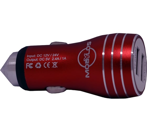 Коннектор USB автомобильный Mobylos на 2 разъема в индивидуальной упаковке 30025/красный