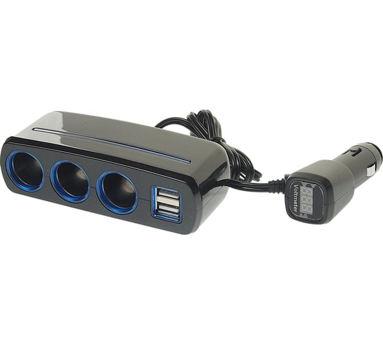 Разветвитель прикуривателя с подсветкой АВТОСТОП BLACK 3 гнезда+2USB, 12-24V AB-54405