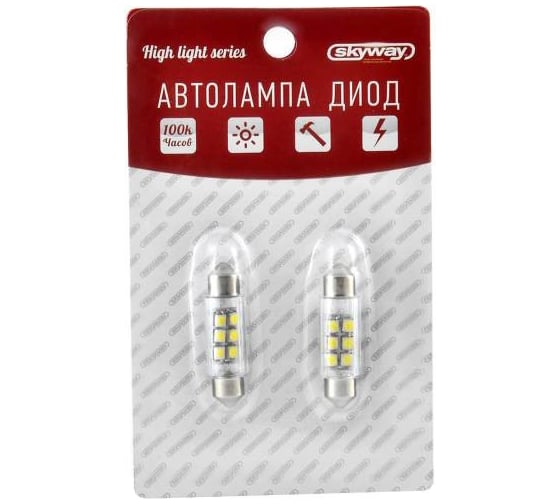 Автолампа диод SKYWAY T11C5W 12V 6 SMD блистер c цоколем 39мм 1-контактная белая S08201176