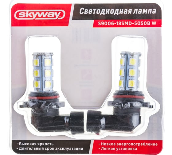 Автолампа диод SKYWAY HB4/9006 12V 18 SMD блистер 1-контактная белая ближний, дальний свет S08201028