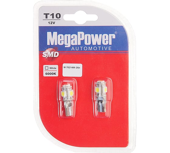 Автолампа MEGAPOWER T10W, 5 SMD, 5050, WHITE 6000K, 12V M-70214W-2бл 1