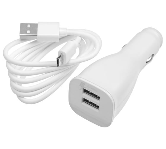 Автомобильное зарядное устройство Luazon 2 USB, 2 А, 12 В, кабель micro USB 1 м, 2 А, белое 4598428