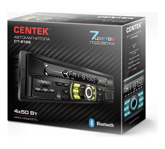 Автомагнитола Centek 4х50 Вт, 7 цветов подсветки, Bluetooth, 2xUSB, AUX, microSD, MP3 CT-8122