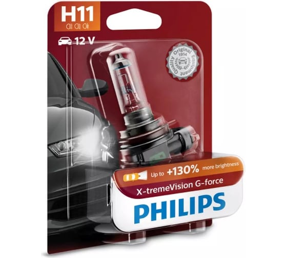 Автолампа PHILIPS X-tremeVision G-force H11, 55 Вт, PGJ19-2+130%, 12 В 12362XVGB1