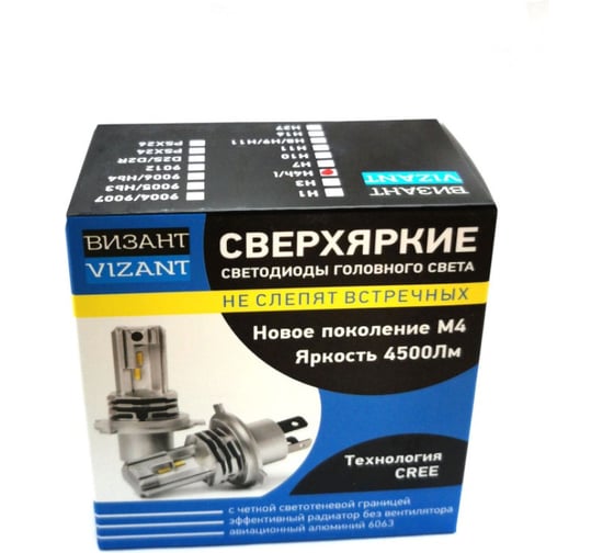 Светодиодные лампы Vizant M4 H4, с чипом CREE Tech, 4500 лм, 5000 К, 2 шт. m4h4