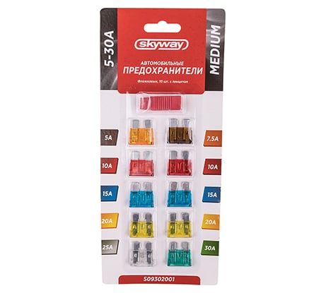 Флажковый предохранитель SKYWAY MEDIUM набор 10шт 5-30A с пинцетом блистер S09302001