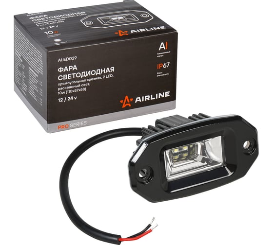 Фара светодиодная прямоугольная врезная Airline 2LED, рассеянный свет, 20Вт, 110x51x58мм, 12/24В PRO ALED039 1