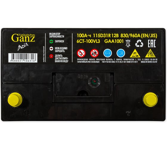 Аккумулятор GANZ ASIA 100 А/ч Прямая 304x173x220 EN830 А
