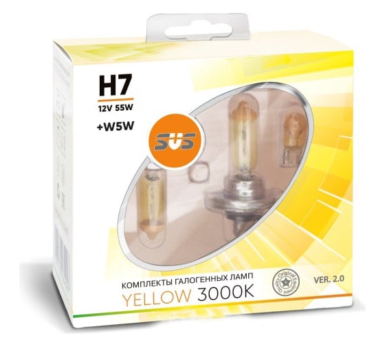 Галогенные лампы SVS серия Yellow Ver.2.0 3000 K, 12 В, H7, 55W+W5W, желтые, 2 шт. 0200096000