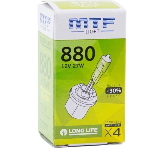 Галогеновая лампа MTF Light Standart+30% H27 880, 12 В, 27 Вт, 540 Лм, 2900 К 50785