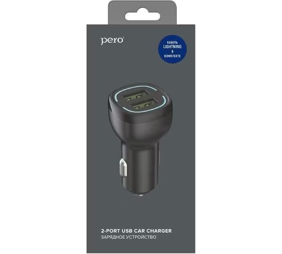 AЗУ PERO AC04 2USB 2.4A AUTOMAX c кабелем Lightning в комплекте, черное AС04LCB