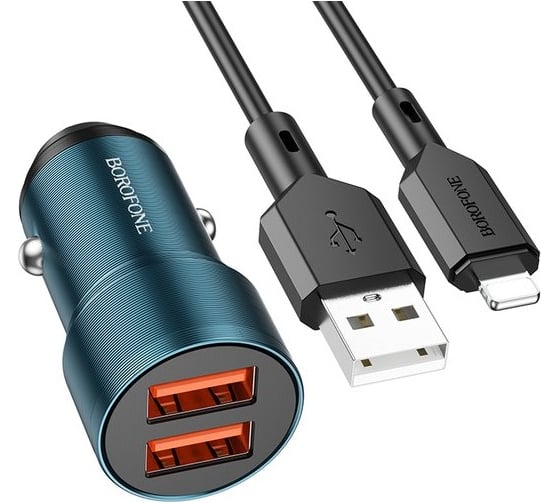 Автомобильное ЗУ Borofone BZ19, 2,4A 2хUSB-A + кабель USB на Lightning, синее 23752-BZ19iBL 1
