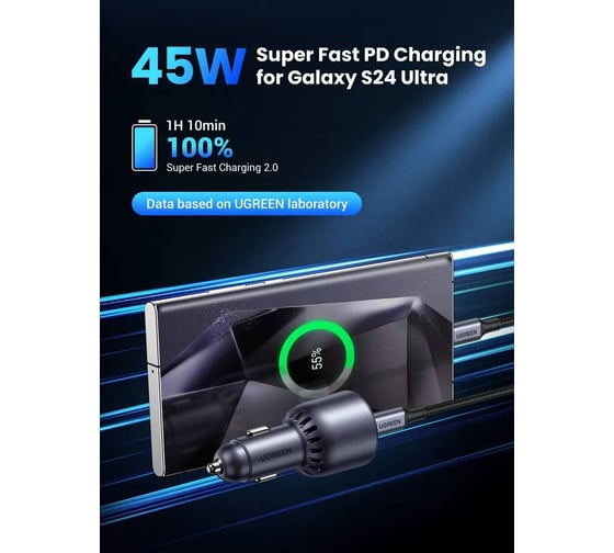 Автомобильное зарядное устройство EC701 63W 2-Port USB-C PD и USB-A w/o Cable Fast Car Charger без кабеля. Цвет: серый Ugreen 35023_