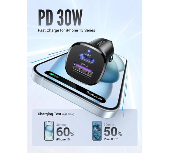 Автомобильное зарядное устройство EC305 (25845) USB-C PD+USB-A QC 30W Fast Car Charger с чехлом. Цвет: черный Ugreen 25845_