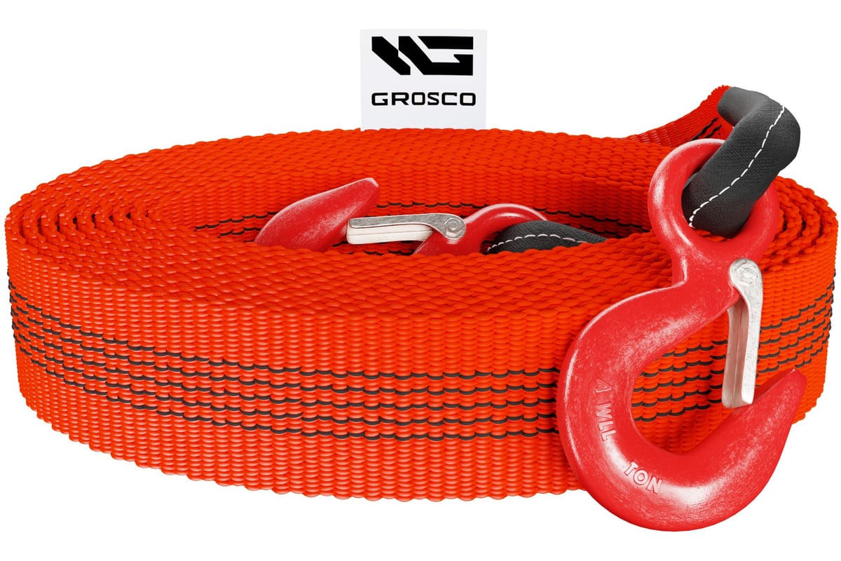 Трос буксировочный GROSCO 40 т, 12 м, крюк/крюк, для буксировки авто до ...