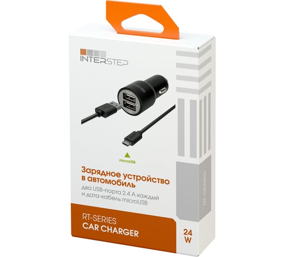 Автомобильное зарядное устройство Interstep Комбо RT 2хUSB, microUSB, 2.4 A, пожароустойчивый ABS-пластик, LED-подсветка B201 31397