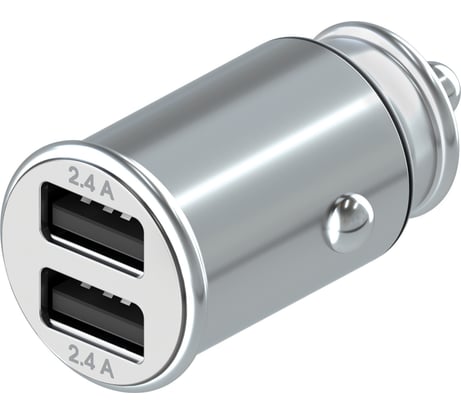 Автомобильное зарядное устройство Interstep METAL 2хUSB, 2.4 А + 2.4 А, 24 Вт, серебро, LED-подсветка 72100