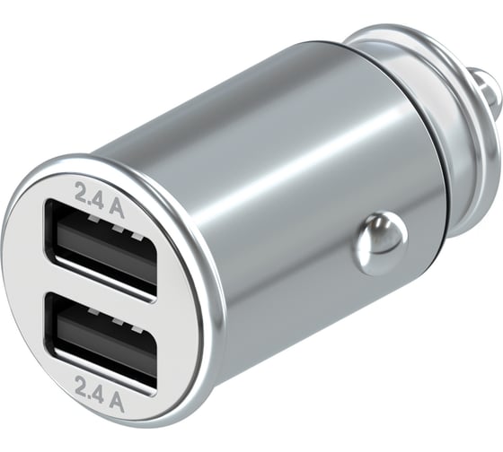 Автомобильное зарядное устройство Interstep METAL 2хUSB, 2.4 А + 2.4 А, 24 Вт, серебро, LED-подсветка 72100 1