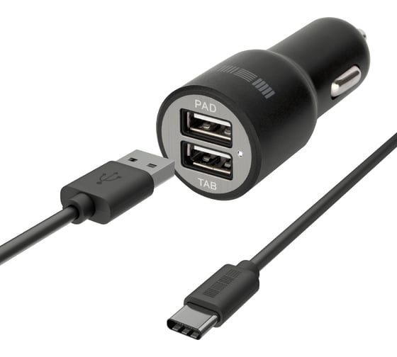Автомобильное зарядное устройство Interstep RT 2хUSB, TypeC, USB, 2.4 А, черный, пожароустойчивый ABS-пластик B201 49410 1