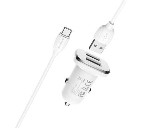 Автомобильное ЗУ BOROFONE 2хUSB-А, 2.4A + кабель AM-Type-C 1 м, белый 23752-BZ12tW