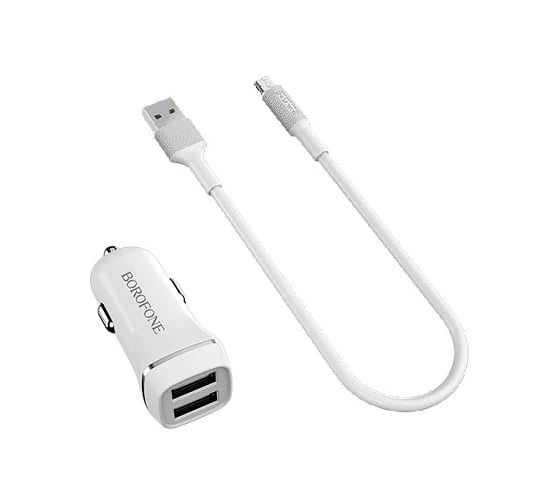 Автомобильное ЗУ BOROFONE 2хUSB-А, 2.4А + кабель AM-microBM 1 м, белый 23752-BZ2mW
